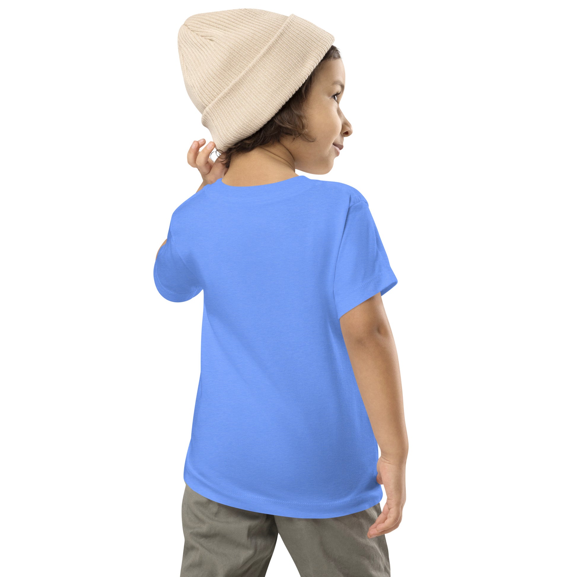 Toddler wearing a blue short sleeve T-shirt with Ukraine design, paired with a beige beanie, showcasing casual style and comfort.