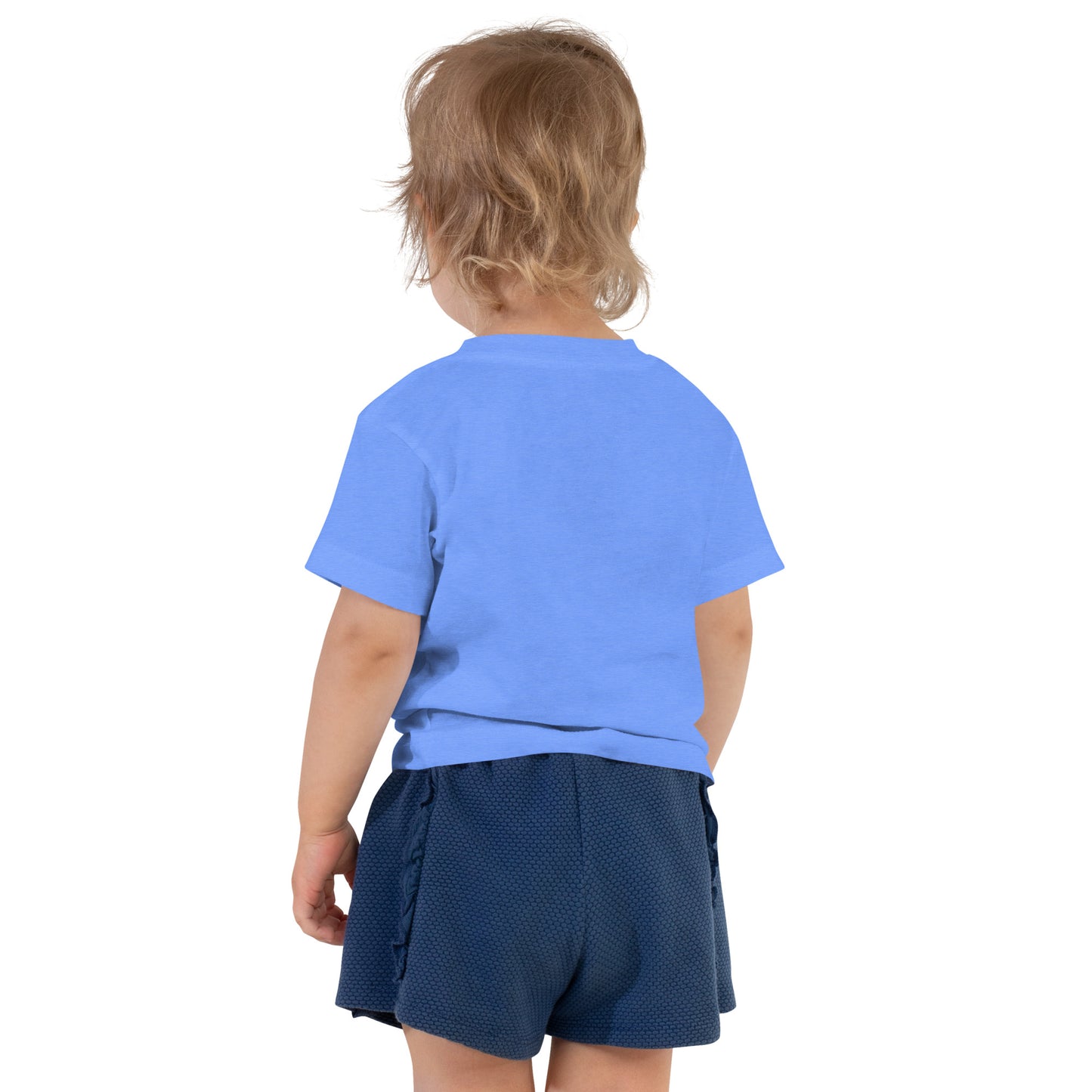 Toddler wearing a blue short sleeve T-shirt with Ukraine design, showcasing comfort and style for casual outings.