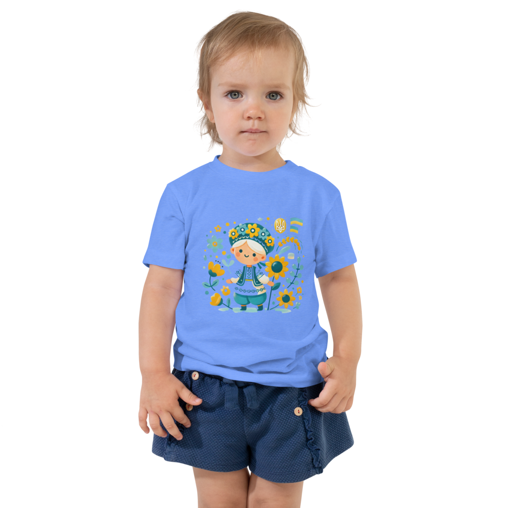 Unisex Toddler T-Shirt with Ukrainian Folk Art – Soft and Comfortable Short Sleeve Tee Featuring Sunflower and Tryzub Print