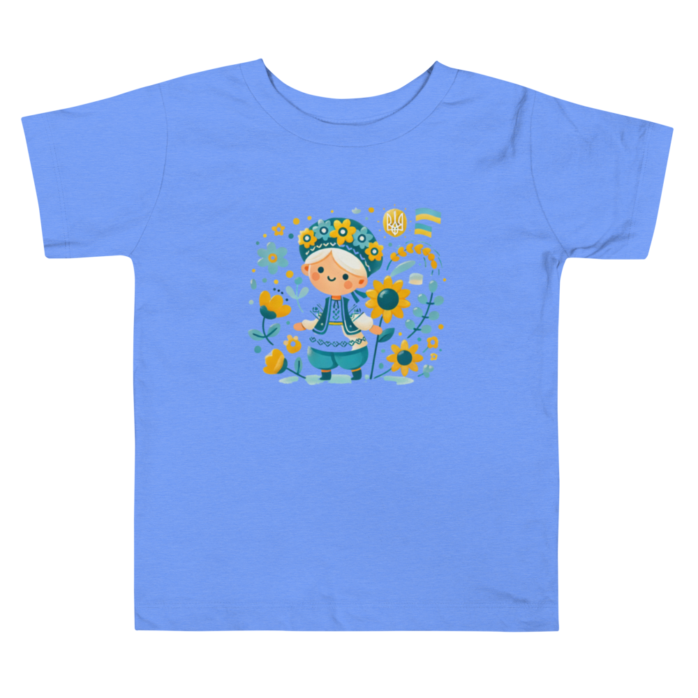 Unisex Toddler T-Shirt with Ukrainian Folk Art – Soft and Comfortable Short Sleeve Tee Featuring Sunflower and Tryzub Print