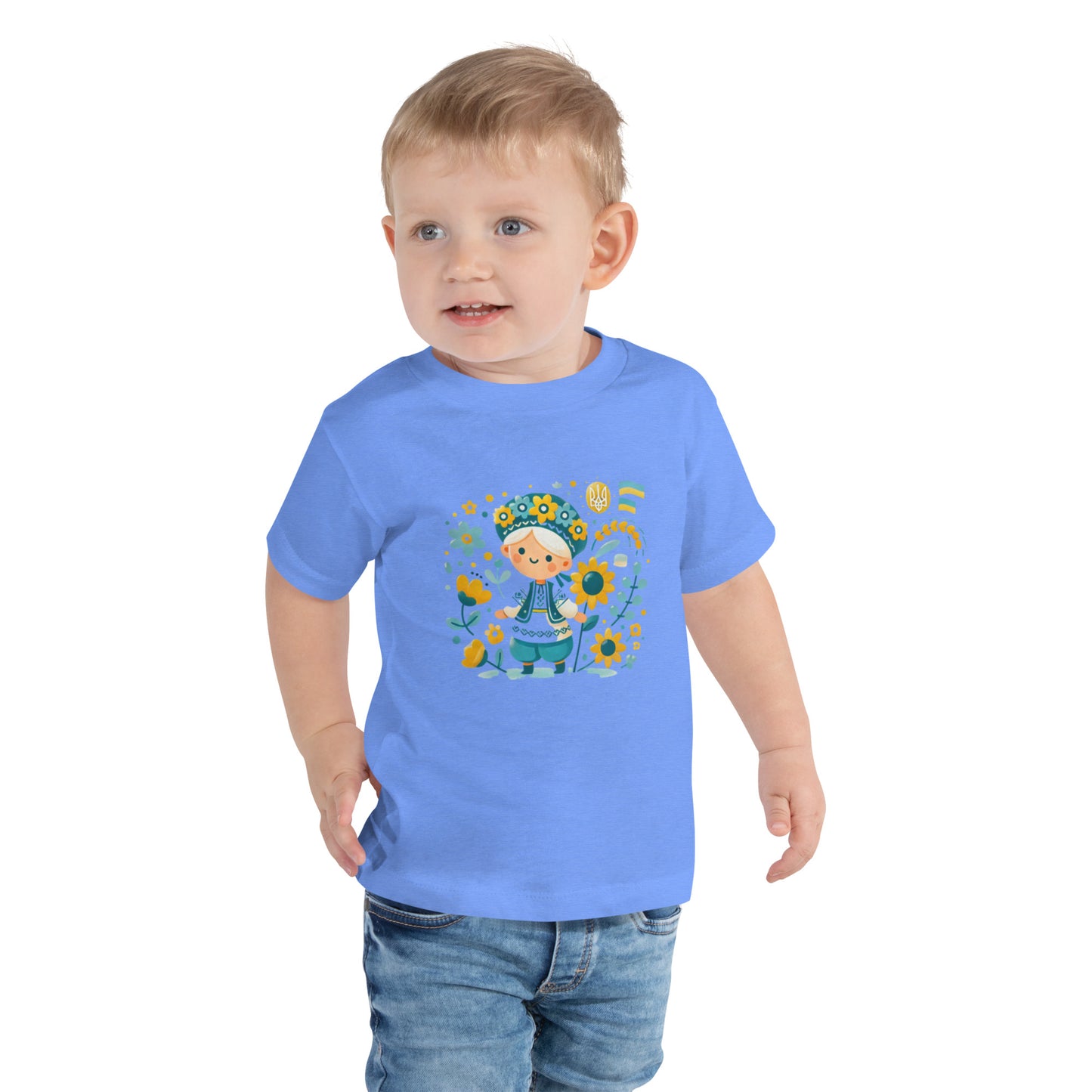 Unisex Toddler T-Shirt with Ukrainian Folk Art – Soft and Comfortable Short Sleeve Tee Featuring Sunflower and Tryzub Print