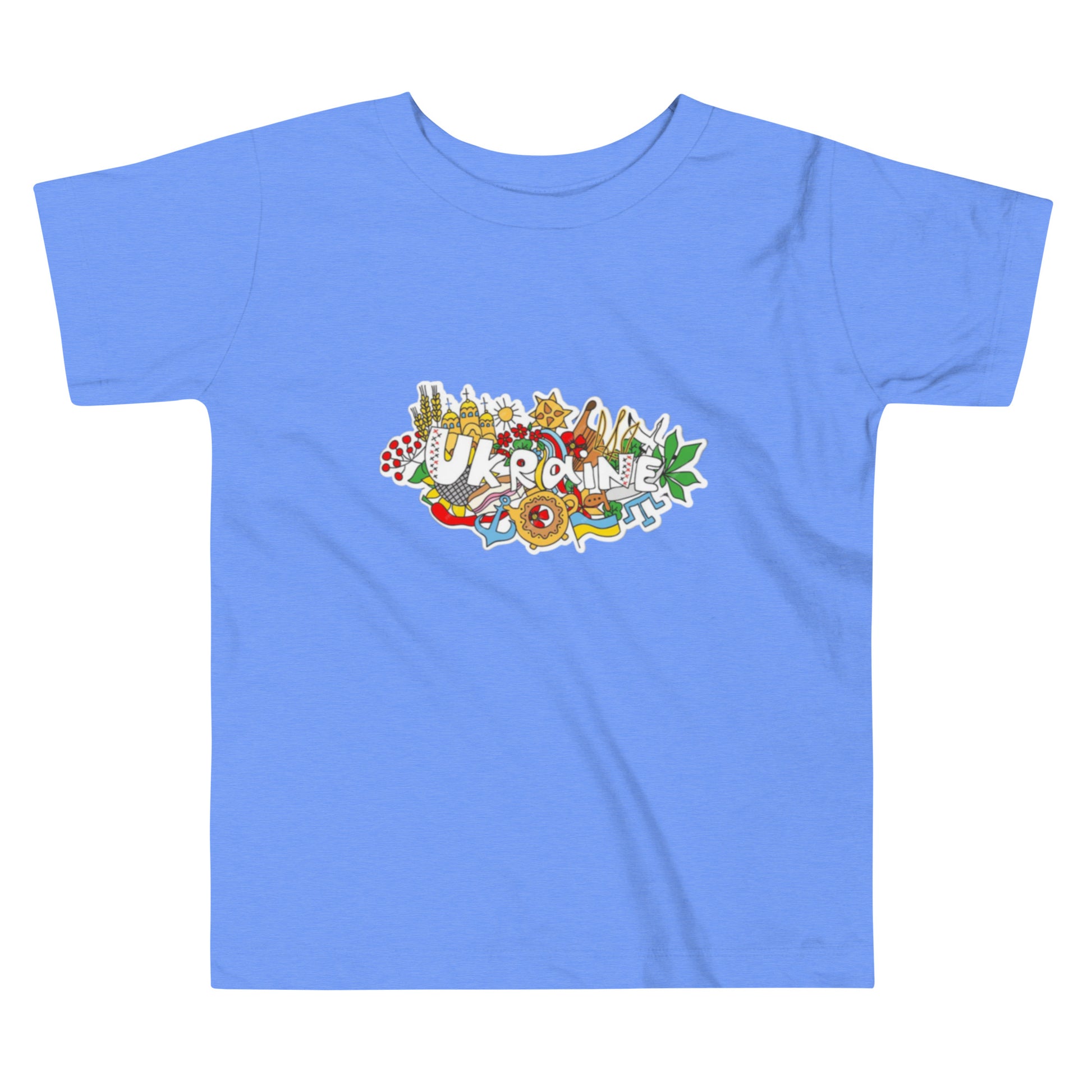 Toddler short sleeve t-shirt with colorful Ukraine design on blue fabric. Made from 100% combed cotton for comfort and style.