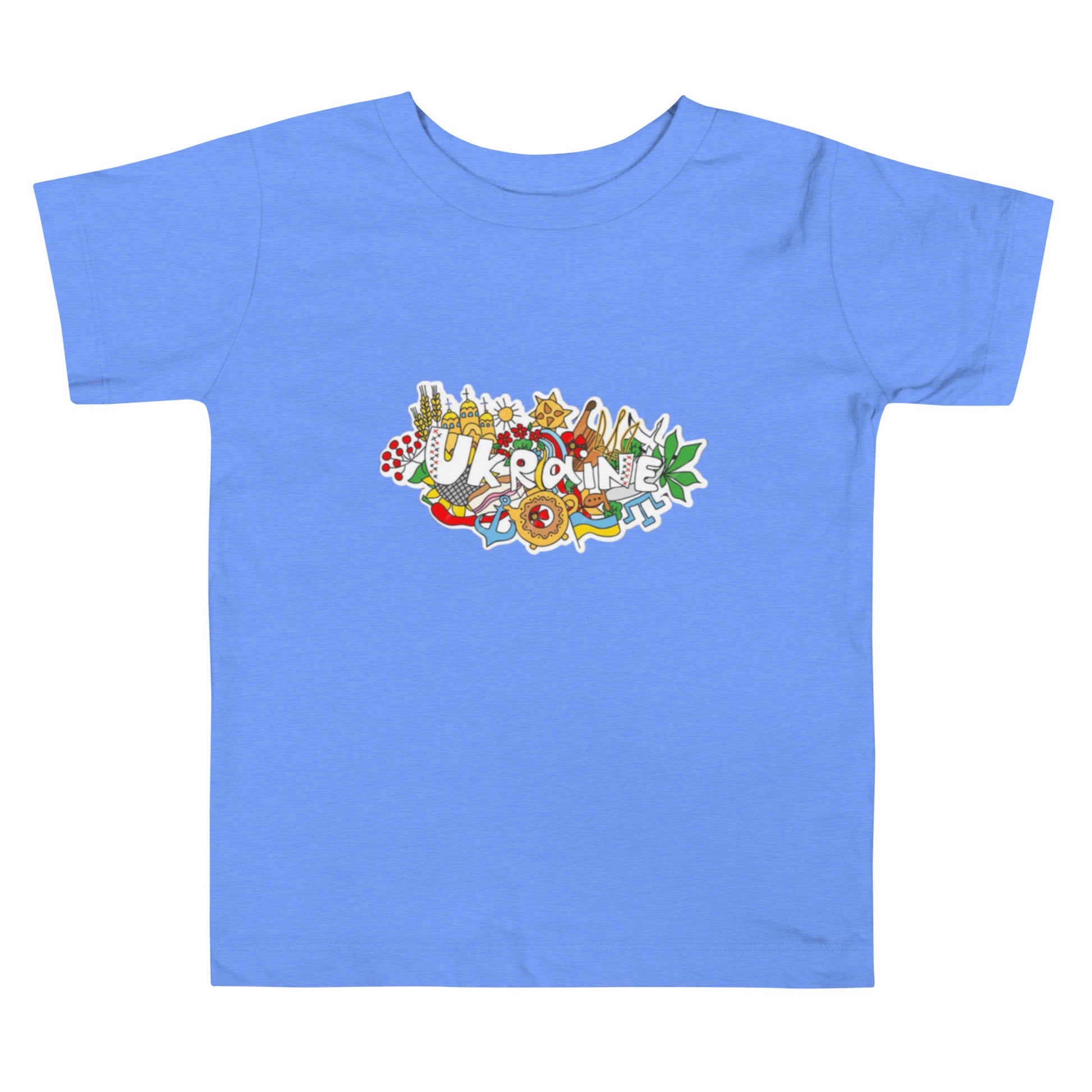 Blue toddler t-shirt with colorful Ukraine design, made from 100% combed cotton for comfort and style.