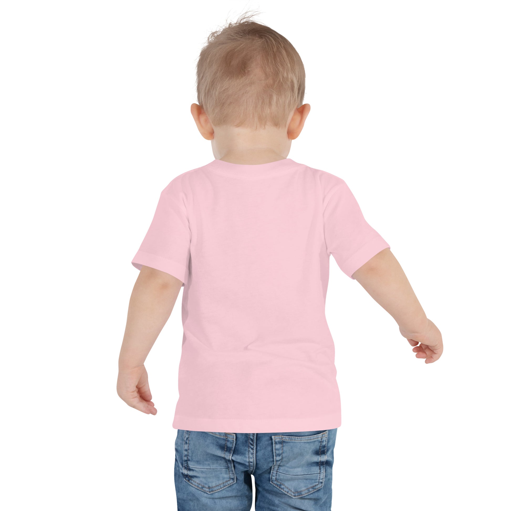 Toddler wearing pink short sleeve T-shirt with Ukraine design, showcasing back view in casual jeans attire.