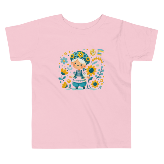 Unisex Toddler T-Shirt with Ukrainian Folk Art – Soft and Comfortable Short Sleeve Tee Featuring Sunflower and Tryzub Print