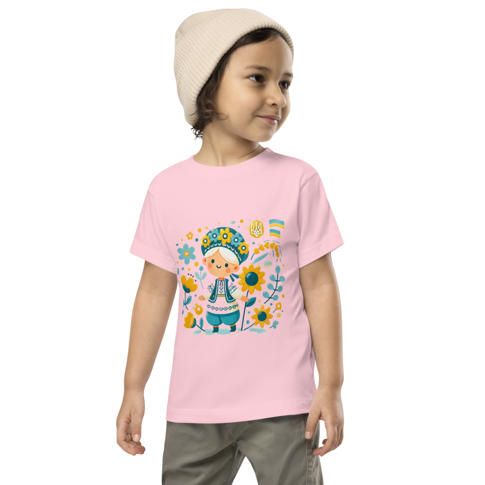 Unisex Toddler T-Shirt with Ukrainian Folk Art – Soft and Comfortable Short Sleeve Tee Featuring Sunflower and Tryzub Print