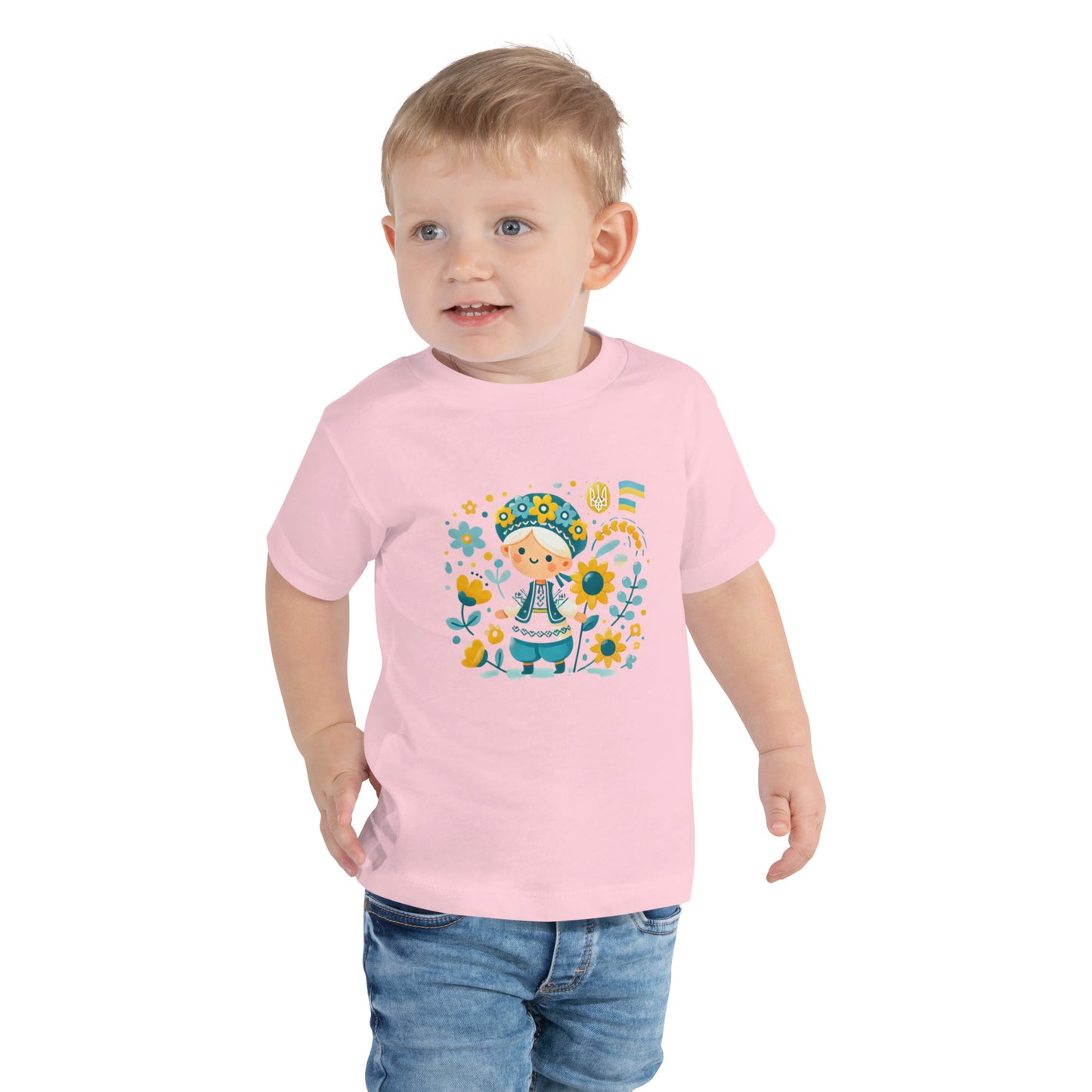 Unisex Toddler T-Shirt with Ukrainian Folk Art – Soft and Comfortable Short Sleeve Tee Featuring Sunflower and Tryzub Print