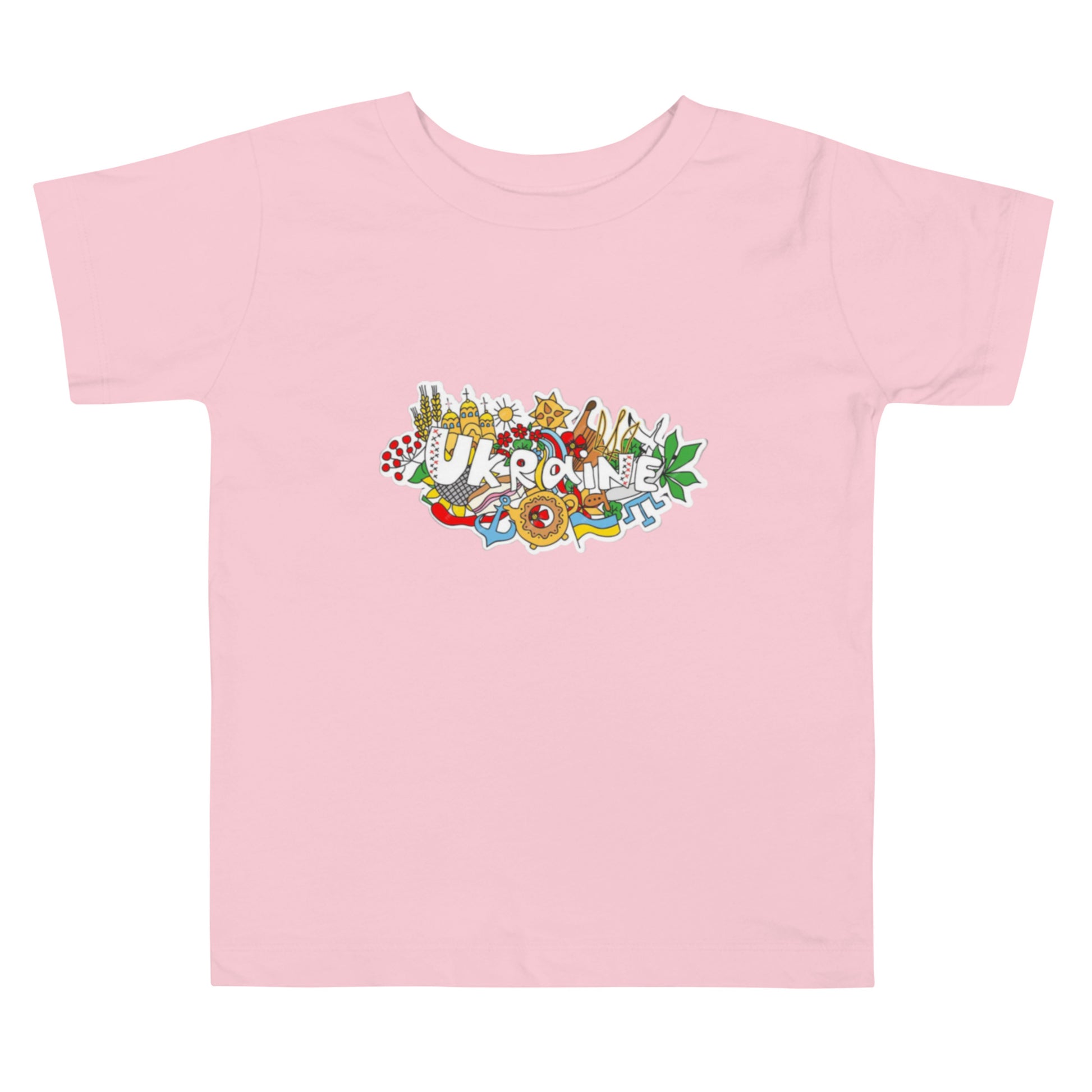 Pink toddler short sleeve t-shirt with colorful Ukraine-inspired design, crafted from 100% combed cotton for comfort and durability.