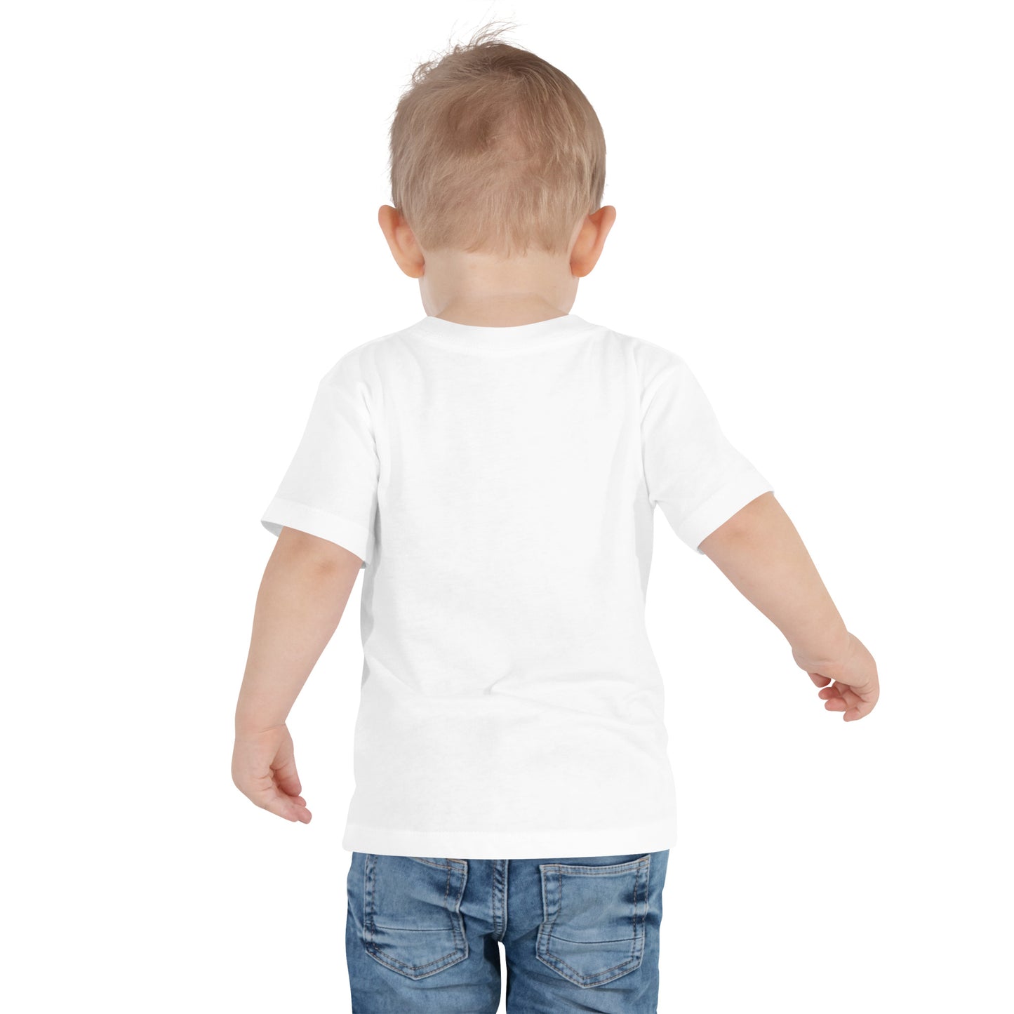 Toddler wearing a white short sleeve t-shirt with a Ukraine design, perfect for casual outings and playtime, made from soft cotton.