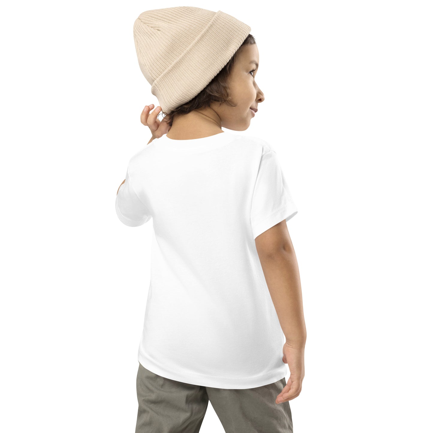 Toddler wearing white short sleeve Ukraine design t-shirt with beige beanie, showcasing comfort and style from behind.