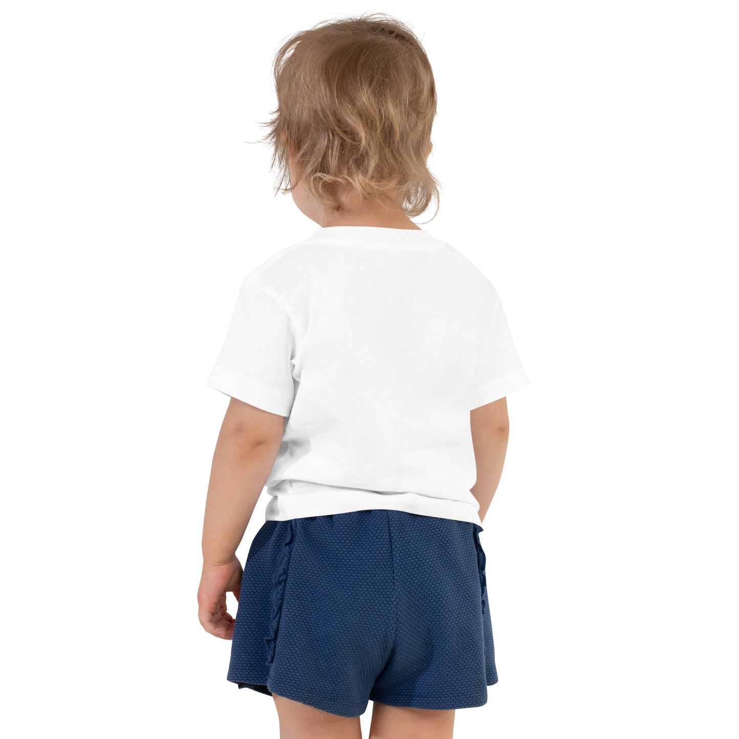 Toddler wearing white short sleeve T-shirt with Ukraine design and navy shorts, showcasing back view of comfortable casual outfit.