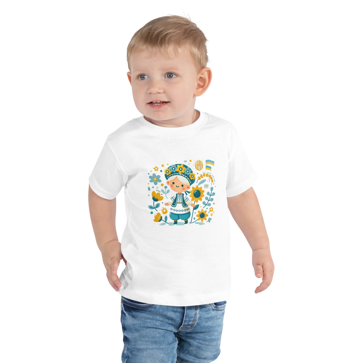 Unisex Toddler T-Shirt with Ukrainian Folk Art – Soft and Comfortable Short Sleeve Tee Featuring Sunflower and Tryzub Print