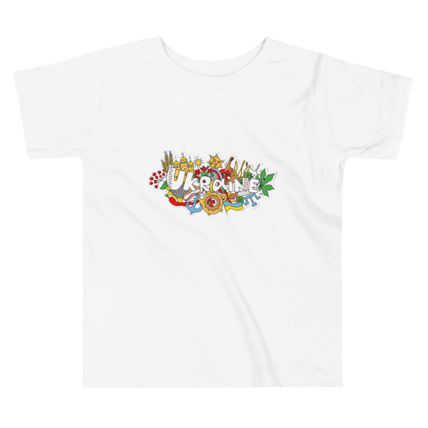 Toddler short sleeve T-shirt with colorful Ukraine-inspired design on white fabric showcasing cultural motifs.