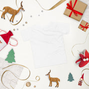 White toddler short sleeve T-shirt with Ukraine design surrounded by festive holiday decorations including gifts and reindeer.