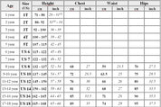 Children's clothing size conversion chart for ages 1 to 18 years, including height, chest, waist, and hips in cm and inches.