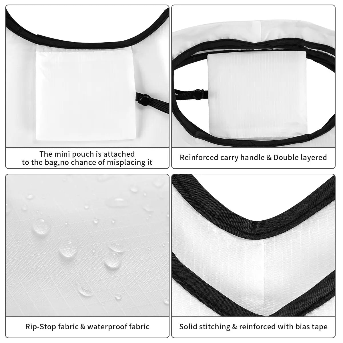 Detailed view of tote bag features including mini pouch, reinforced handle, waterproof fabric, and solid stitching.