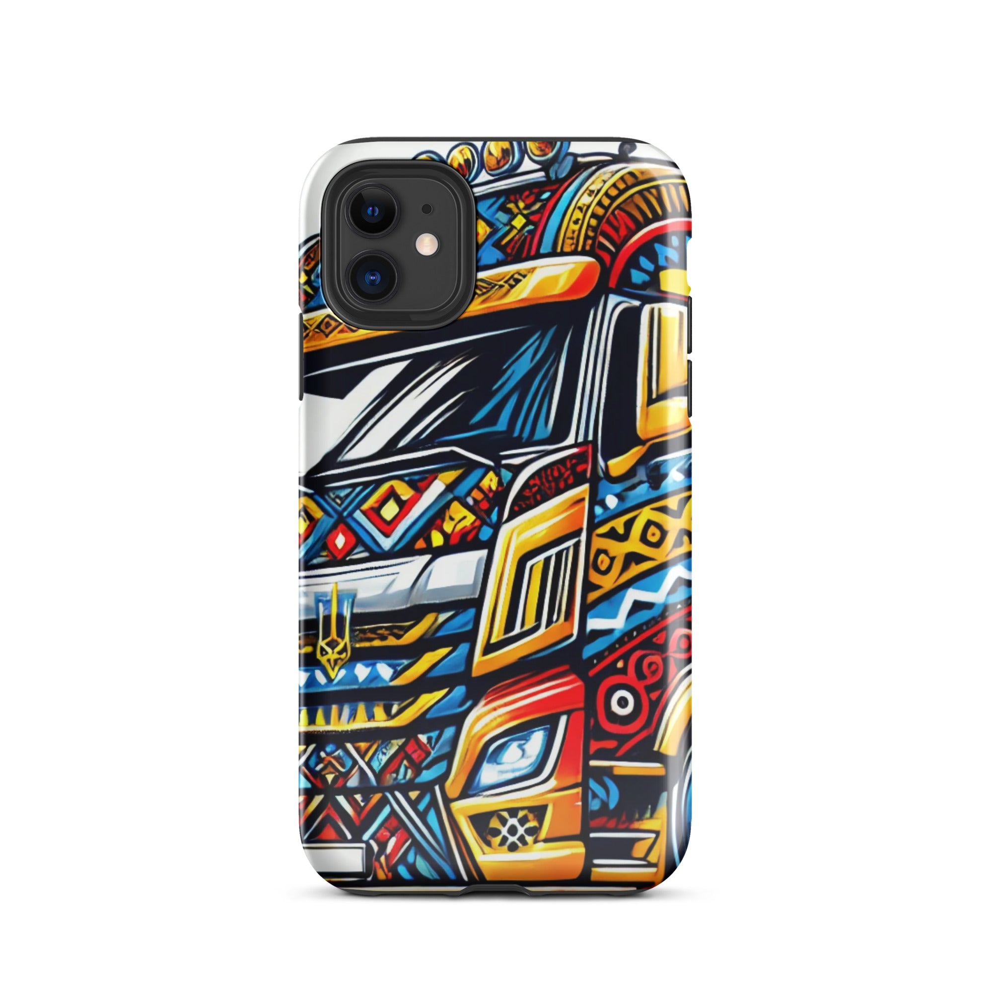 Ukrainian trucker-inspired iPhone case with colorful design and dual-layer protection, highlighting style and functionality.
