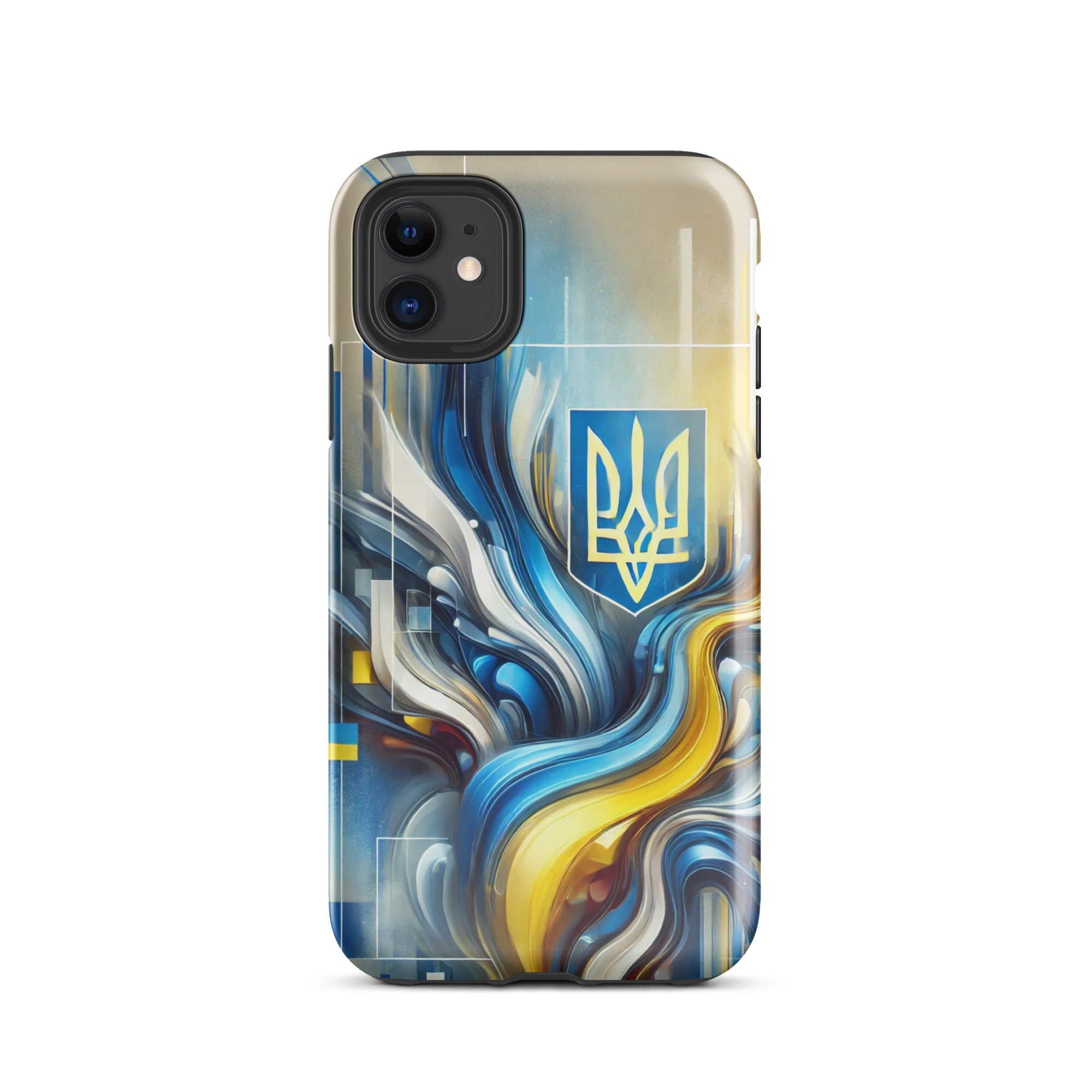 Abstract Ukrainian flag iPhone case with Tryzub emblem, featuring blue and yellow design for stylish phone protection.