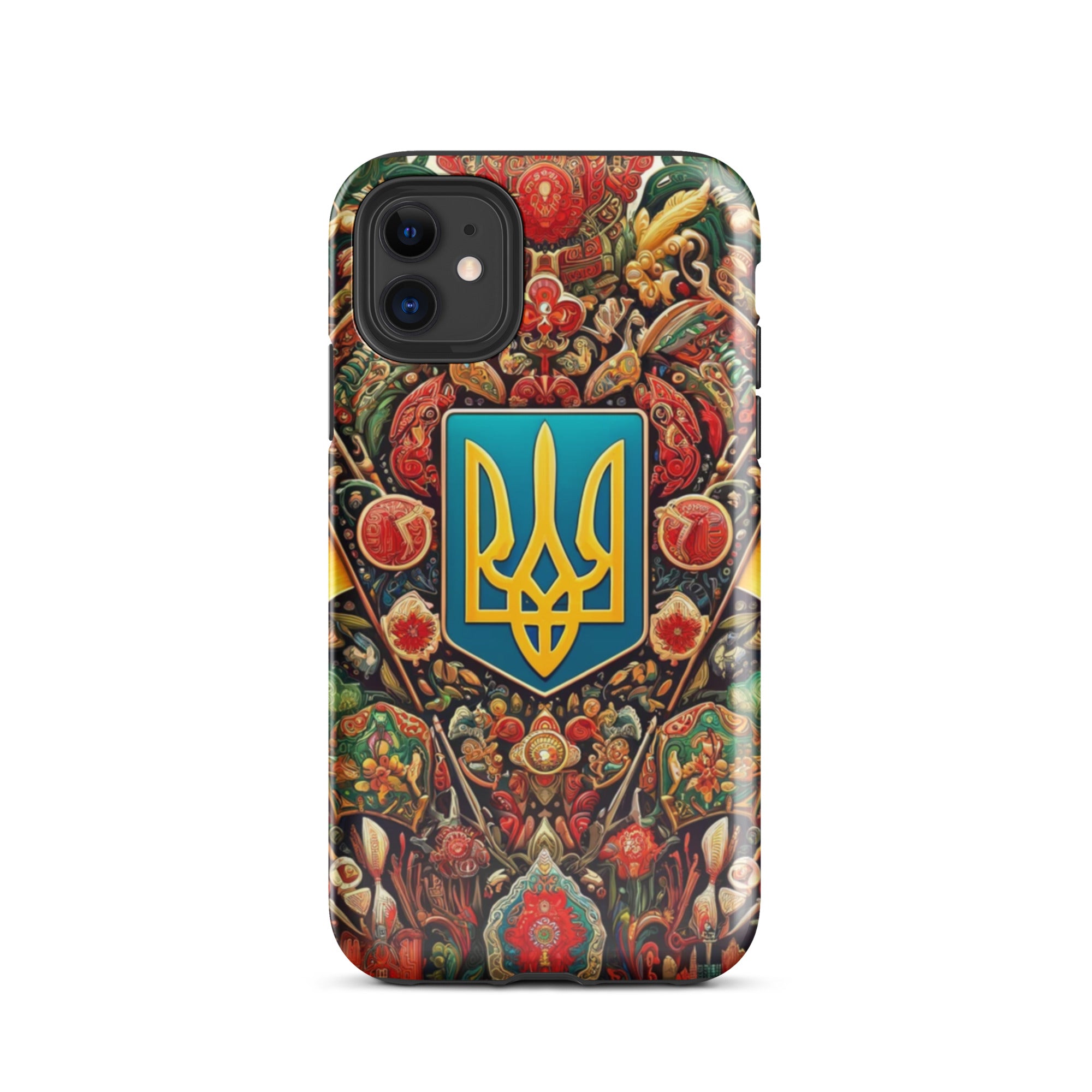 Tough iPhone case with vibrant Ukrainian symbols and dual-layer protection for durability and style.