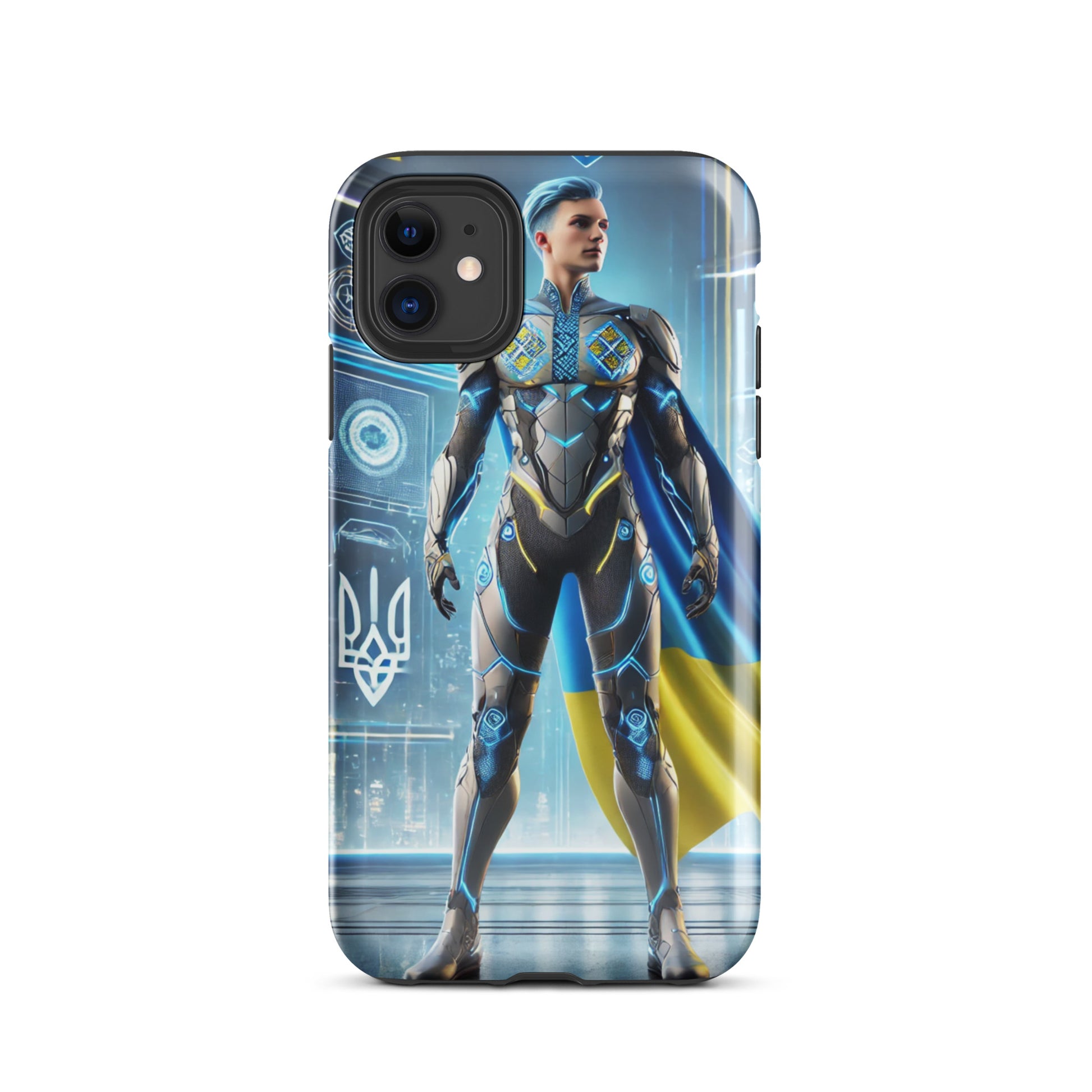 Durable iPhone case with a Ukrainian superhero design, featuring dual-layer protection with a polycarbonate shell and TPU lining.