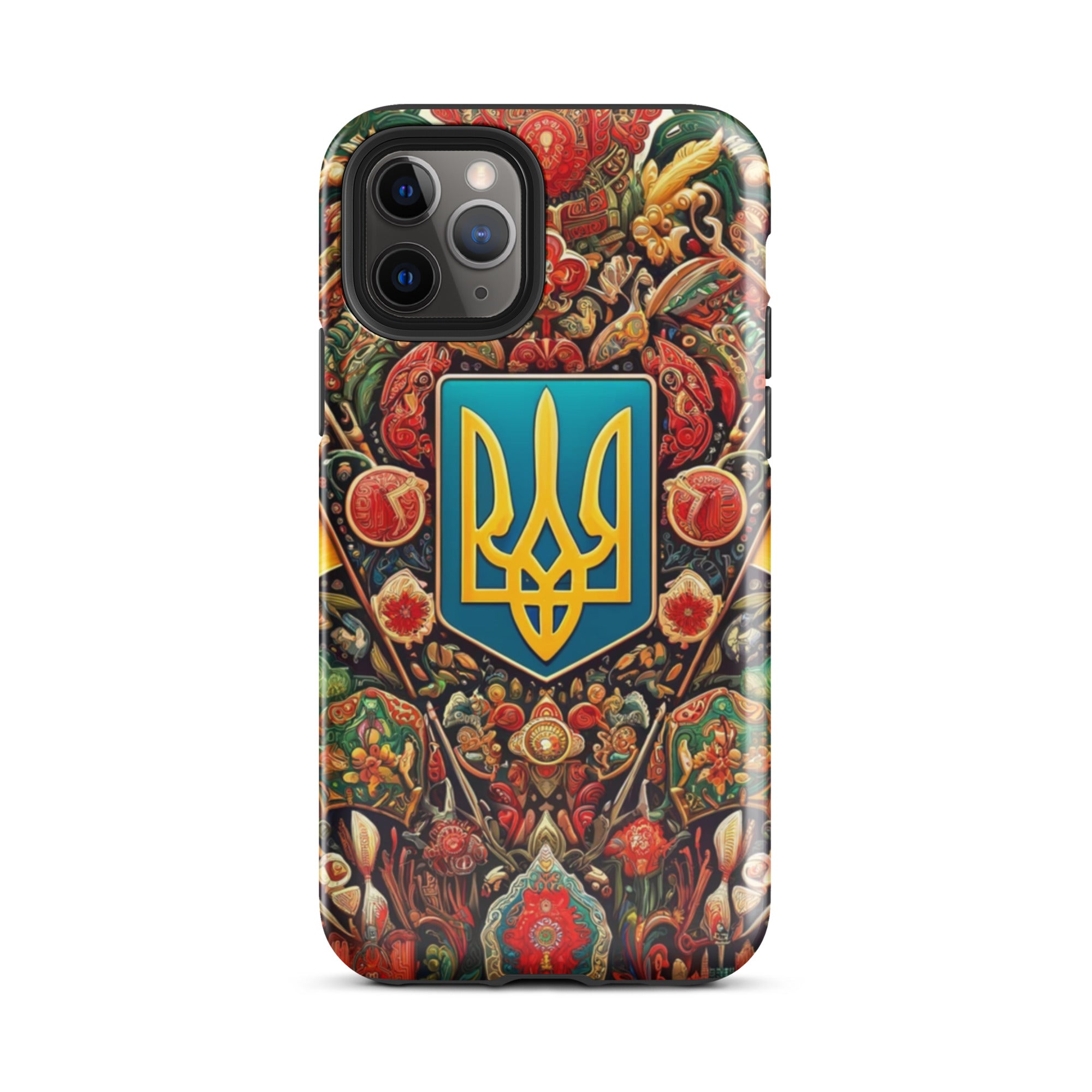 Tough iPhone case with Ukrainian symbols, featuring a colorful design and durable dual-layer protection for style and security.