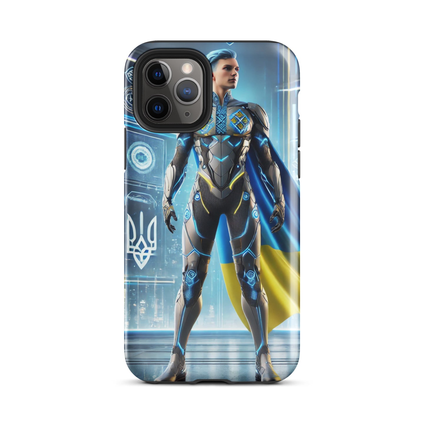 Tough iPhone case featuring a Ukrainian superhero design with flag, offering dual-layer protection and stylish phone safeguarding.