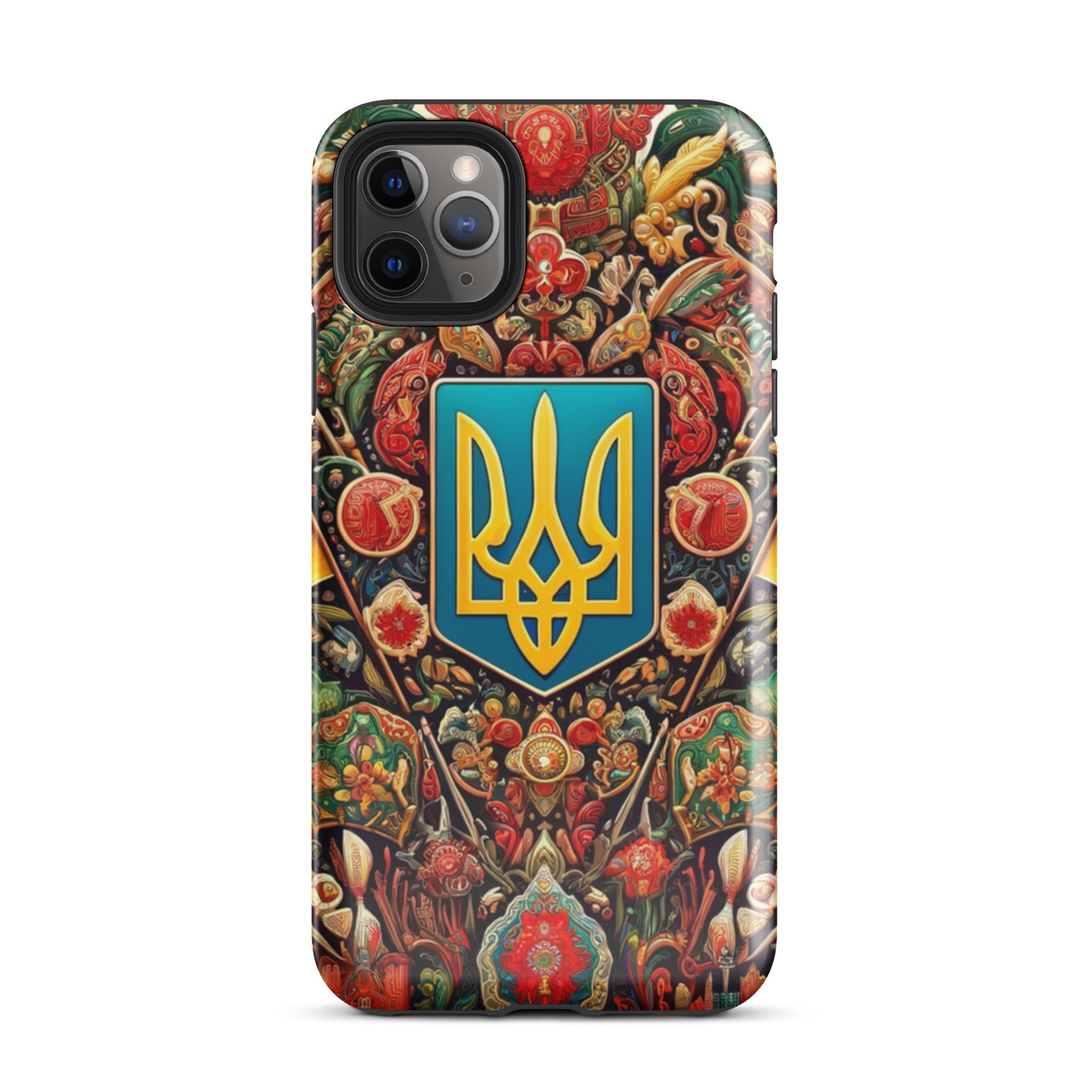 Tough iPhone case with vibrant Ukrainian symbols for dual-layer protection and style.