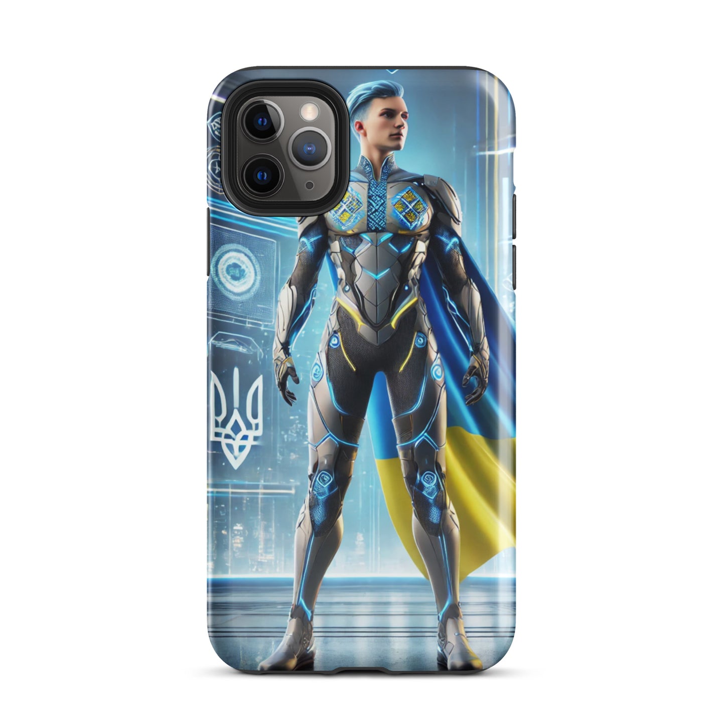 Tough iPhone case featuring Ukrainian superhero design with polycarbonate shell and TPU lining for ultimate protection.