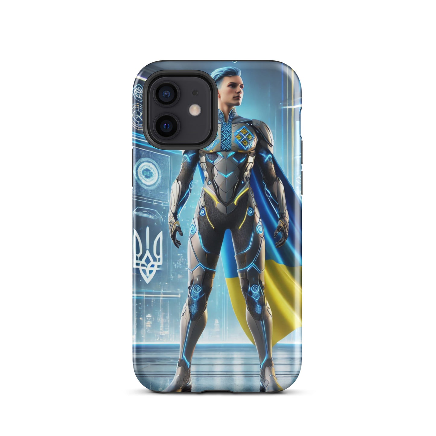 Tough iPhone case with Ukrainian superhero design, featuring a blue and yellow color scheme for ultimate protection and style.