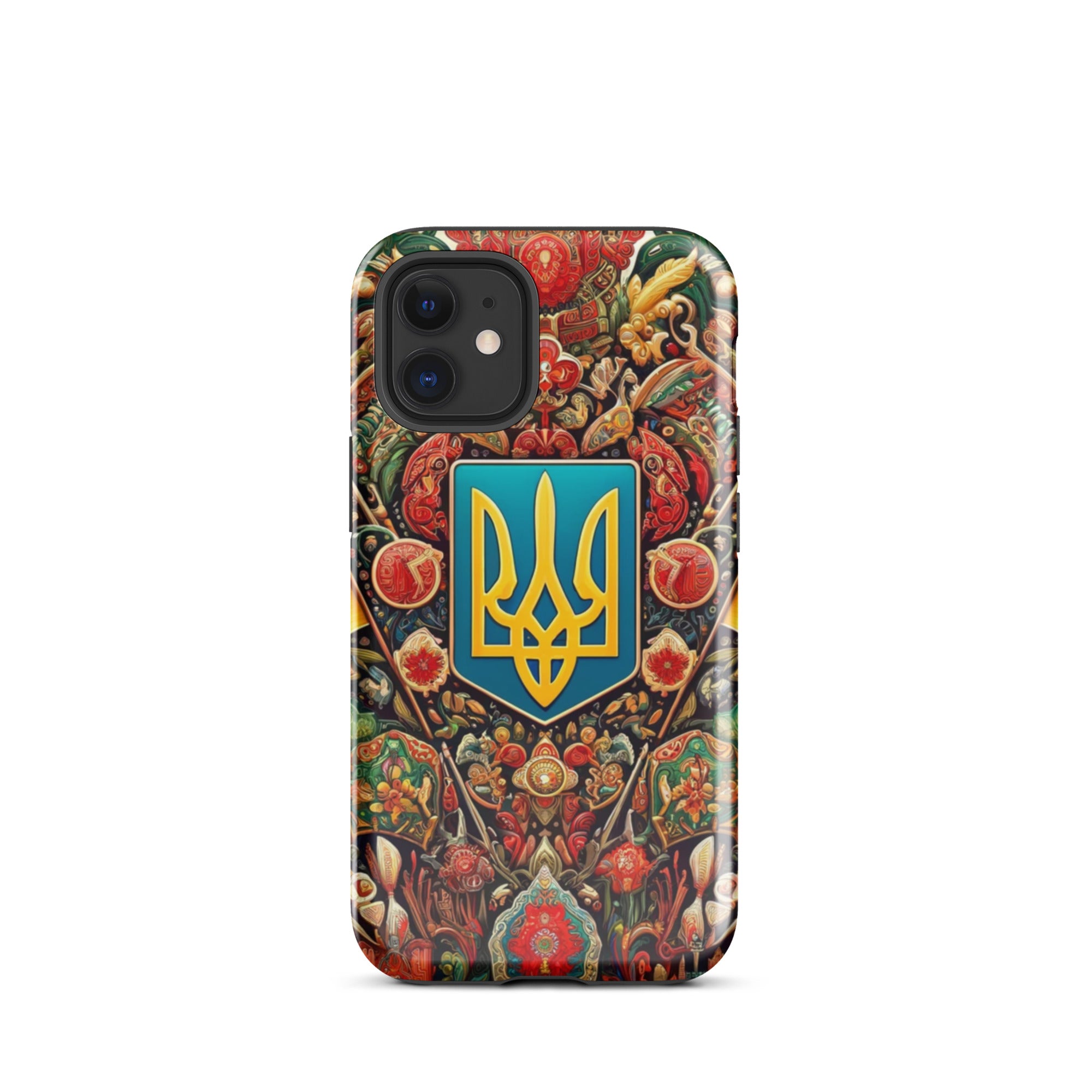 Tough iPhone case with Ukrainian symbols, featuring colorful design and dual-layer protection with polycarbonate shell and TPU lining.