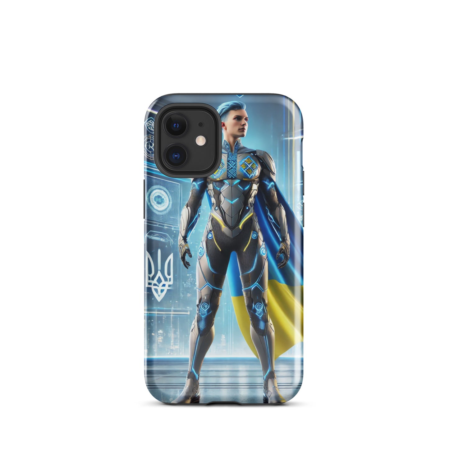 Tough iPhone case featuring Ukrainian superhero design with impact-resistant polycarbonate shell and flexible TPU lining.