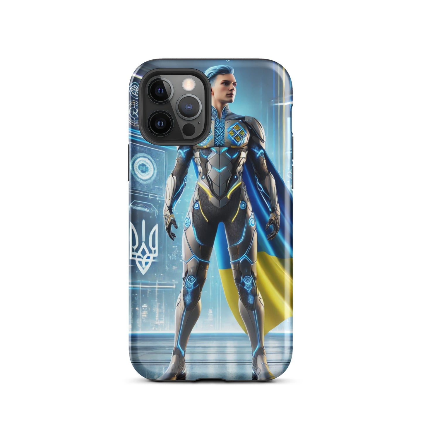 Sturdy iPhone case featuring a Ukrainian superhero design with dual-layer protection, combining style and durability.