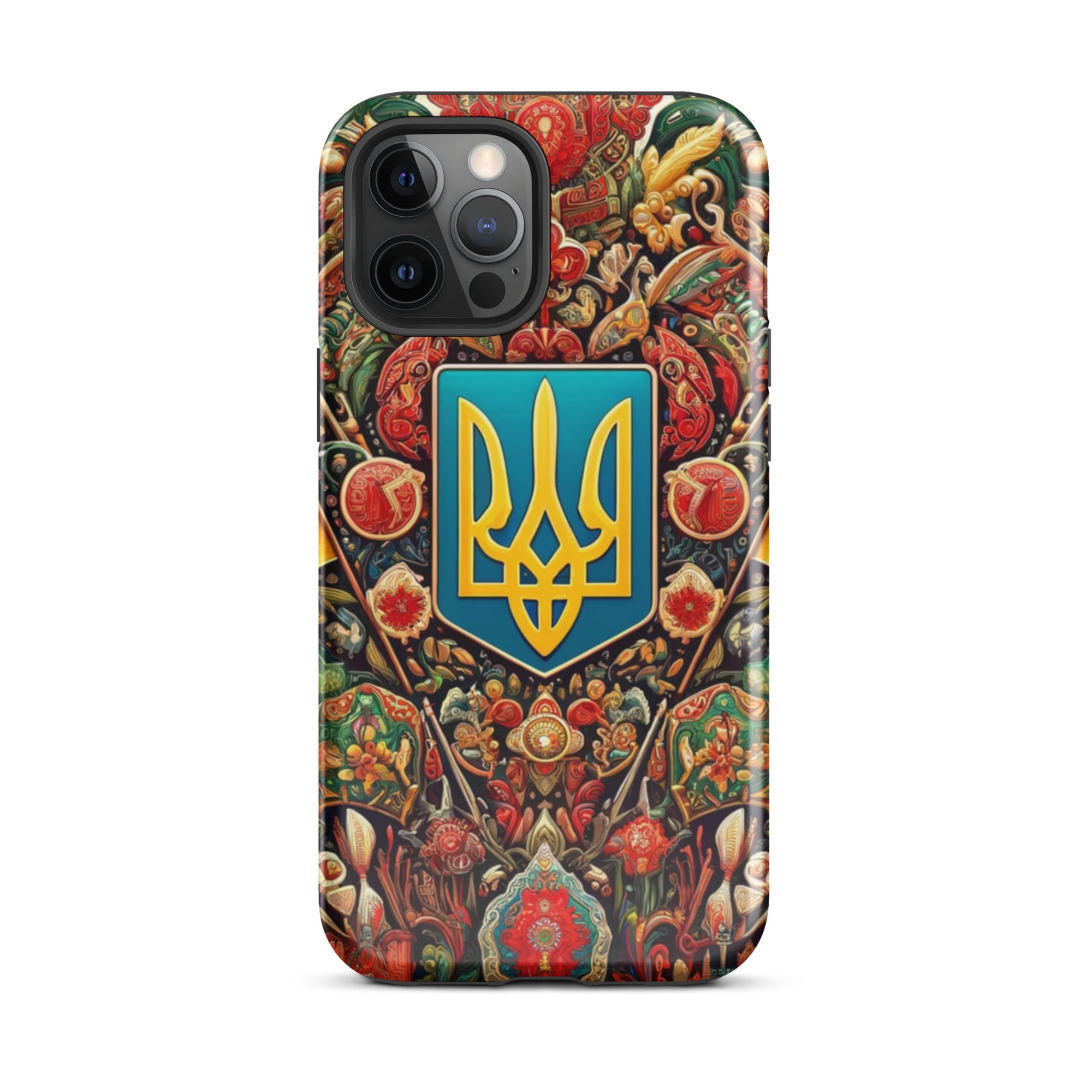 Tough iPhone case with Ukrainian trident symbol and vibrant design, dual-layer protection for style and security.
