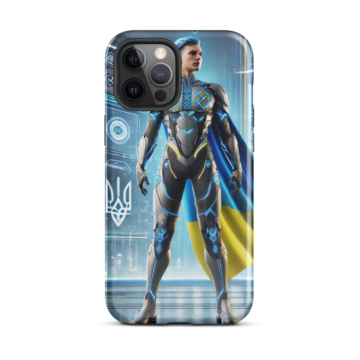 Tough iPhone case with Ukrainian superhero design, featuring impact-resistant polycarbonate and shock-absorbing TPU layers.