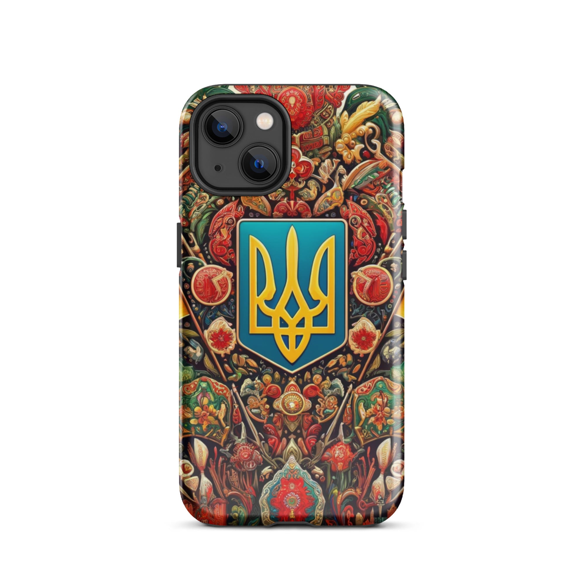 Tough iPhone case with intricate Ukrainian symbols design, featuring a blue and yellow emblem for style and dual-layer protection.