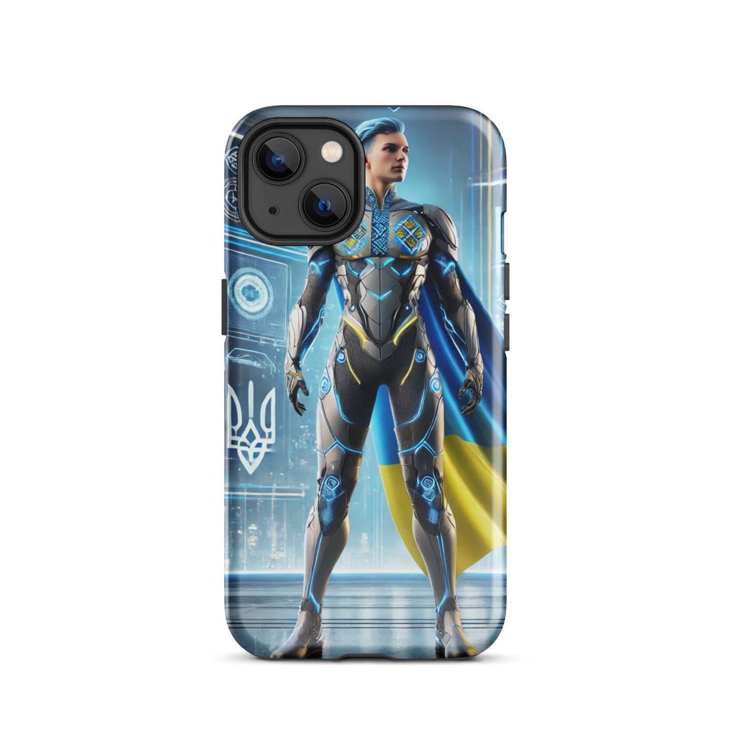 Tough iPhone case with Ukrainian superhero design, featuring durable polycarbonate and TPU layers for ultimate phone protection.