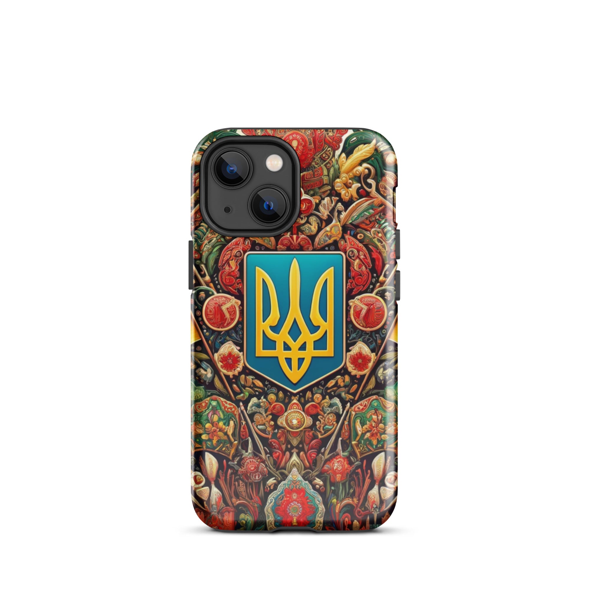 Tough iPhone case with Ukrainian symbol design, featuring dual-layer protection with impact-resistant shell and shock-absorbing lining.