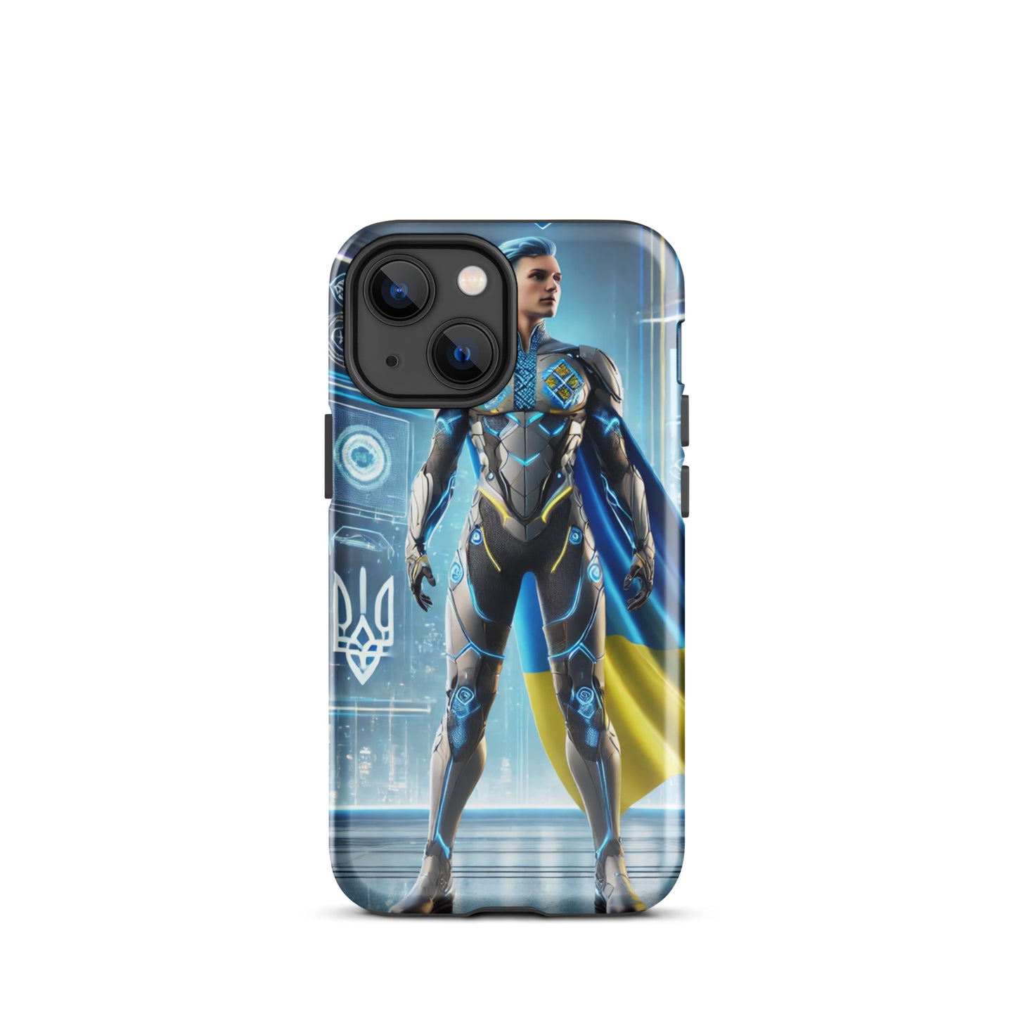 Durable iPhone case with Ukrainian superhero design, impact-resistant polycarbonate, shock-absorbing TPU, vibrant blue and yellow colors.