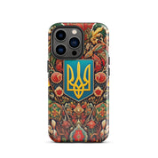 Tough iPhone case with vibrant Ukrainian symbol, featuring polycarbonate shell and TPU lining for dual-layer protection.