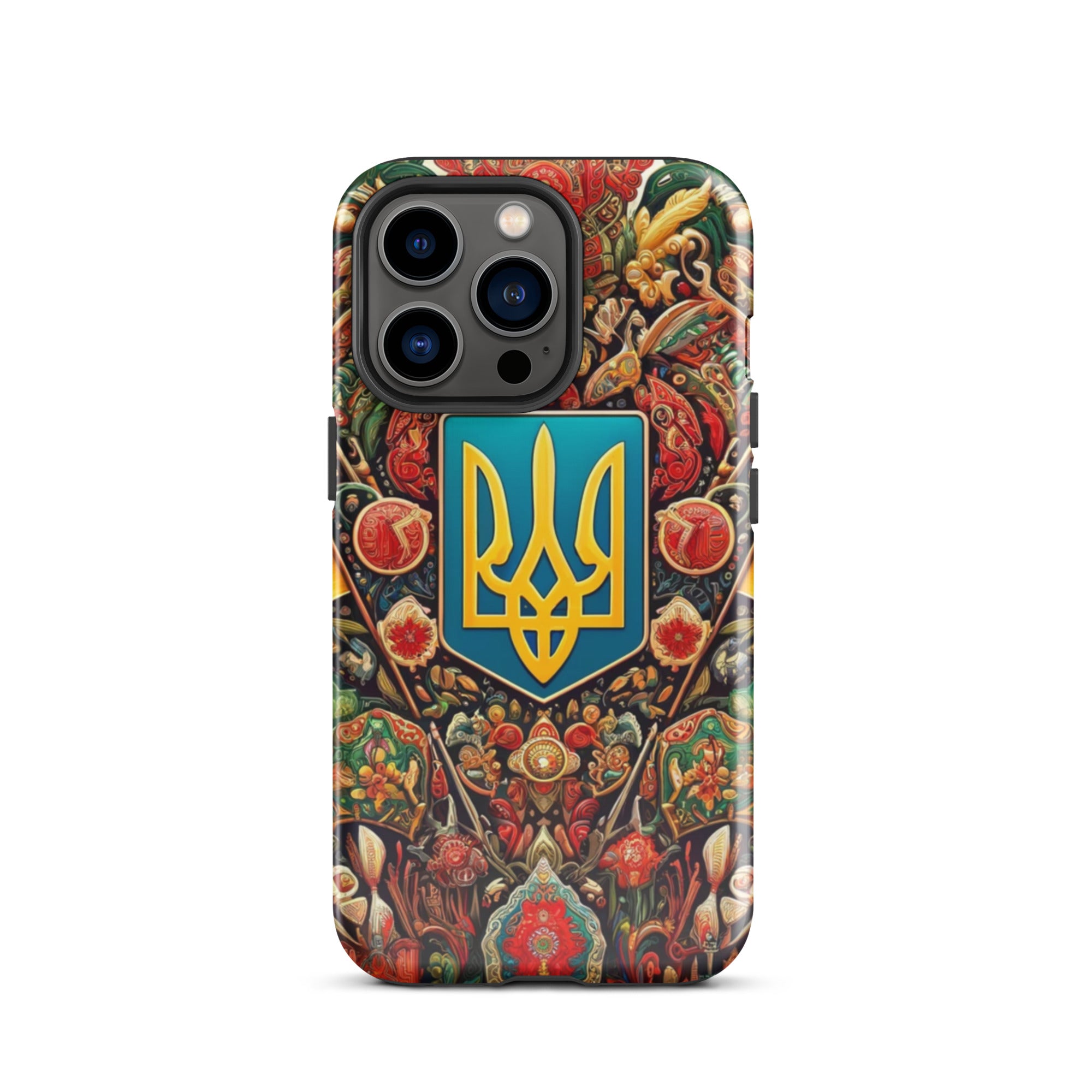 Tough iPhone case with vibrant Ukrainian symbol, featuring polycarbonate shell and TPU lining for dual-layer protection.