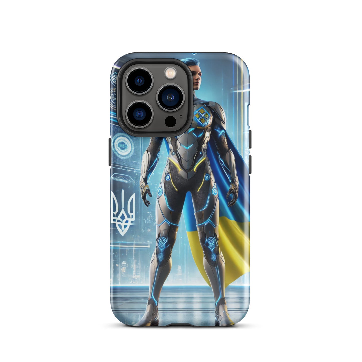 Durable iPhone case with Ukrainian superhero design showcasing dual-layer protection and patriotic style.