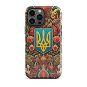 Tough iPhone case with intricate Ukrainian symbols, featuring durable polycarbonate shell and shock-absorbing TPU lining for protection.