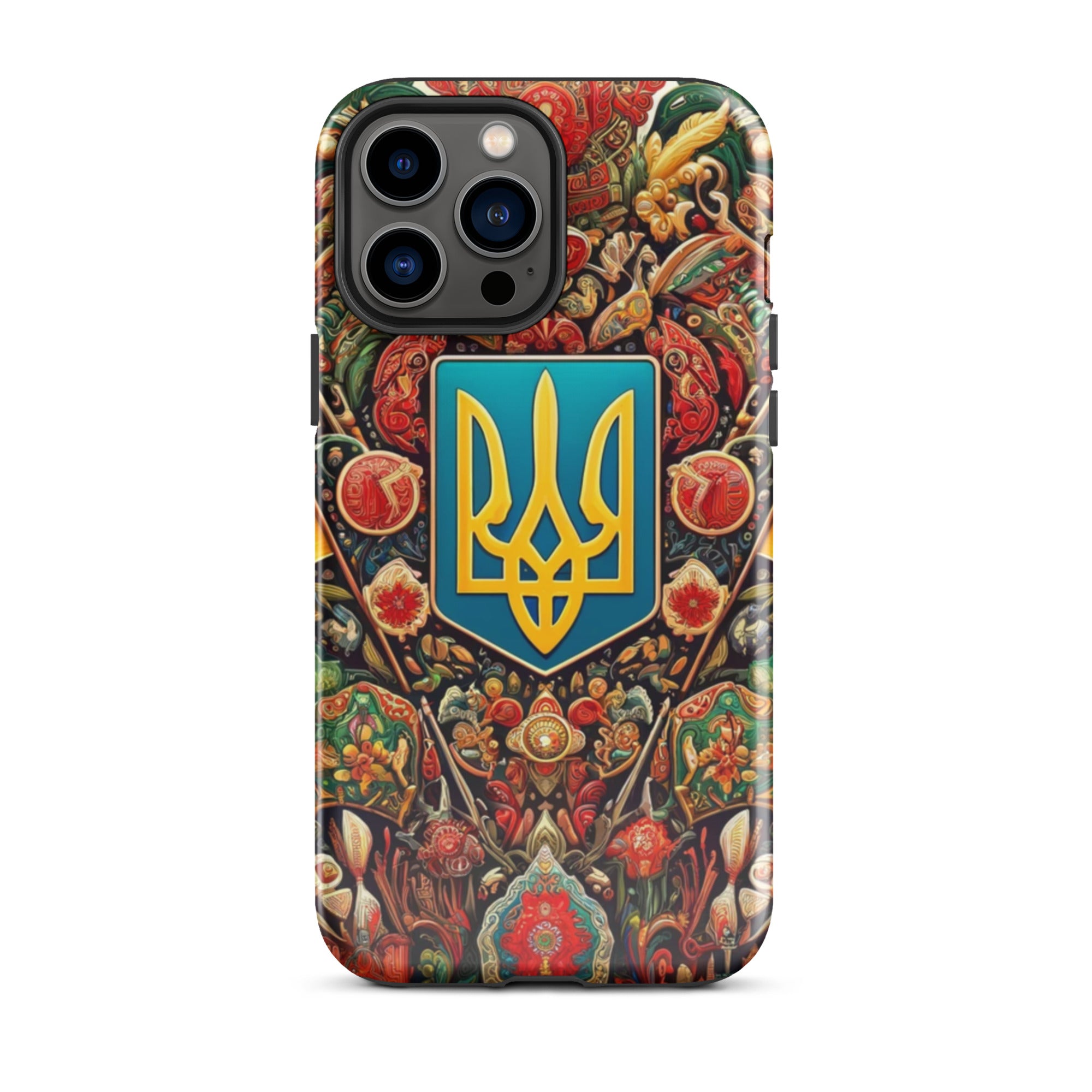 Tough iPhone case with intricate Ukrainian symbols, featuring durable polycarbonate shell and shock-absorbing TPU lining for protection.