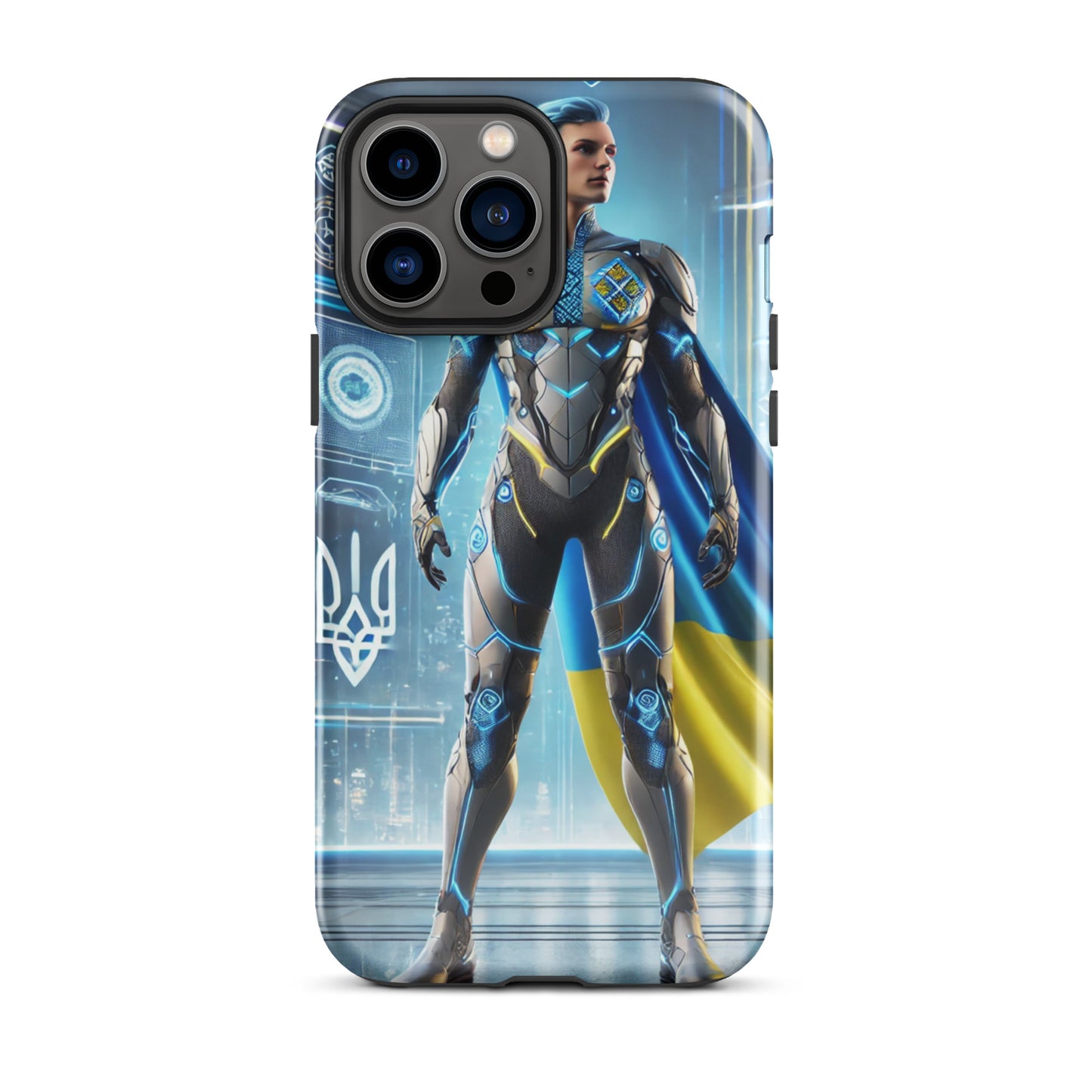 Durable iPhone case featuring Ukrainian superhero design with polycarbonate and TPU layers for ultimate protection.