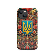 Tough iPhone case with Ukrainian symbol design, featuring dual-layer protection with a polycarbonate shell and TPU inner lining.
