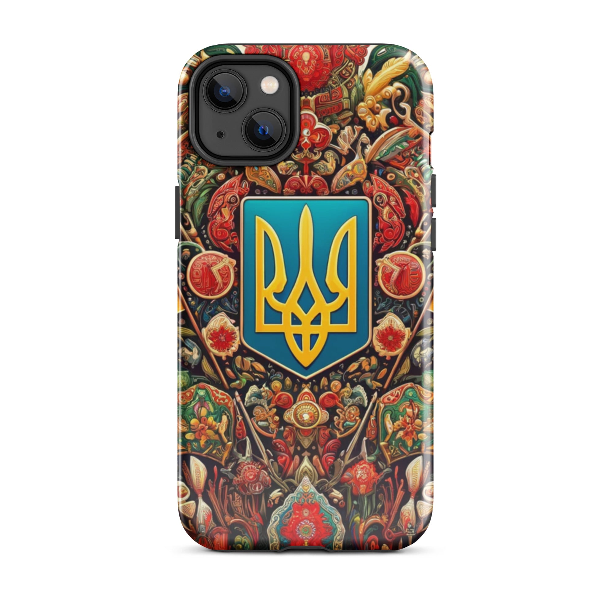 Tough iPhone case featuring a vibrant Ukrainian symbol with intricate design, offering durable dual-layer protection.