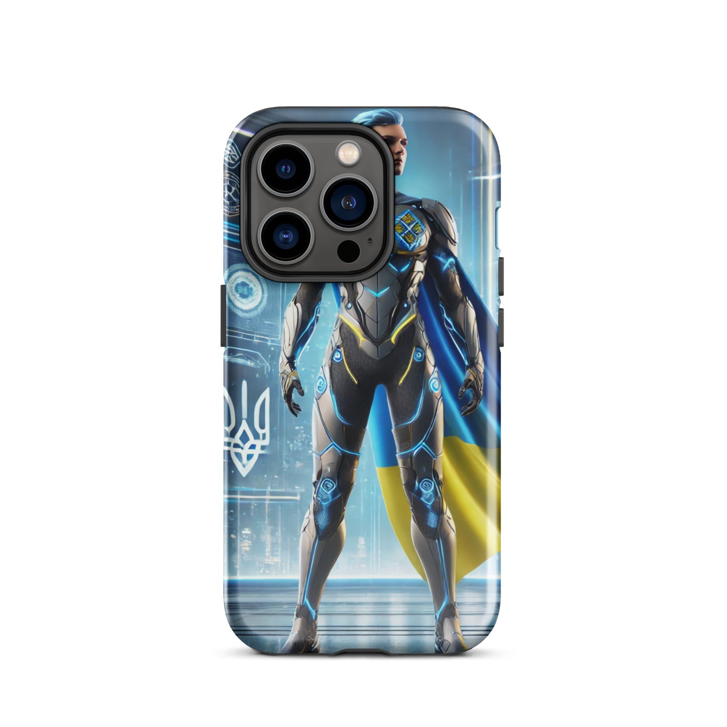 Tough iPhone case featuring Ukrainian superhero design with vibrant colors and dual-layer protection for ultimate durability.