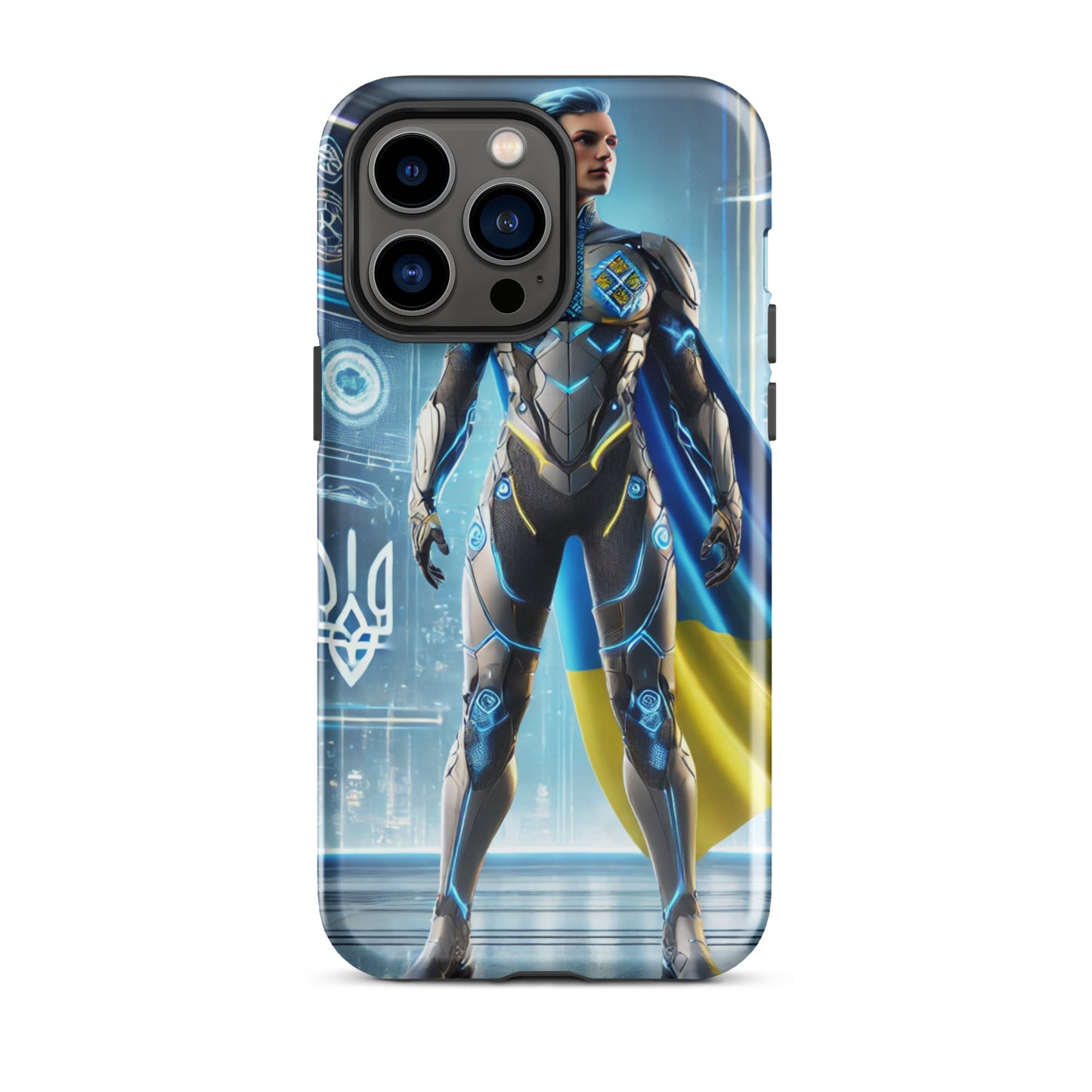 Tough iPhone case with Ukrainian superhero design, featuring dual-layer protection for style and safety.