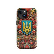 Durable iPhone case with Ukrainian symbols for dual-layer protection, featuring colorful design and national emblem.