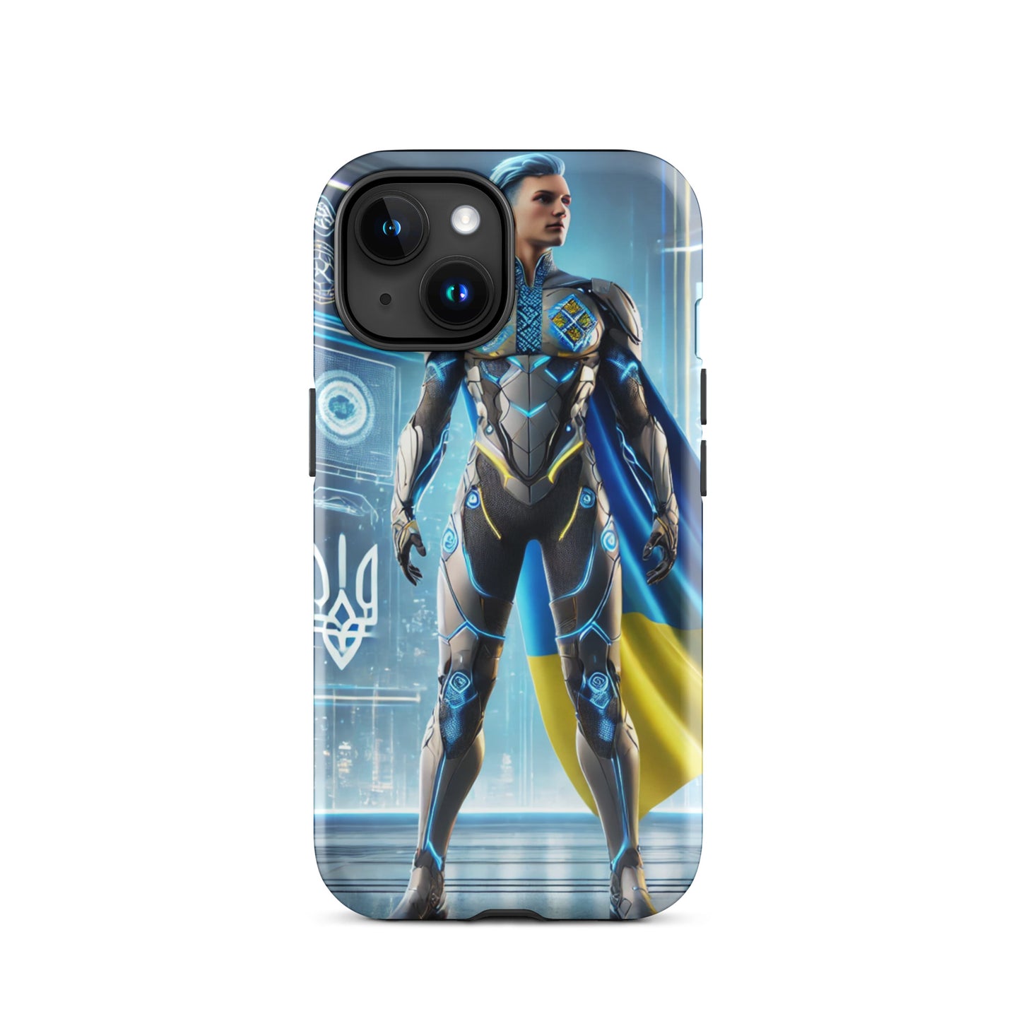 Durable iPhone case featuring a Ukrainian superhero design with a polycarbonate shell and TPU lining for ultimate protection.